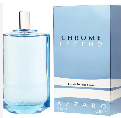 A 125 ml bottle of Azzaro Chrome Legend Eau de Toilette spray next to its light blue packaging box, featuring a silver cap and white lettering.