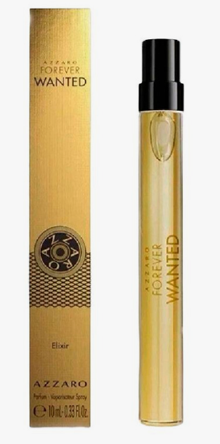 A 10ml sample spray vial of Azzaro Forever Wanted Elixir perfume next to its gold-colored packaging box, shown against a plain white background.