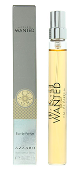 A bottle of Azzaro Wanted Eau de Parfum next to its grey and gold packaging box, shown against a plain white background.