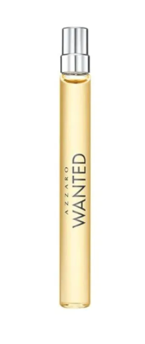 A tall, slender Azzaro Wanted perfume atomizer bottle with a transparent glass body showing a light golden-yellow liquid inside, a silver metallic spray cap, and black text on the front, set against a plain white background.