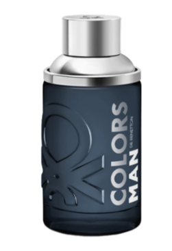 A dark navy blue cylindrical perfume bottle with a metallic silver cap, featuring the text 'COLORS MAN' and 'DE SMUTCH' printed vertically in white.