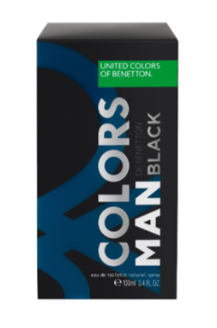A rectangular perfume box for Colors Man Black by United Colors of Benetton, featuring a black and dark blue design with a green banner at the top.