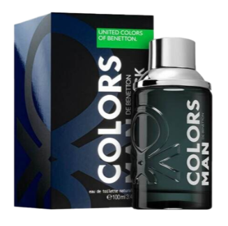 United Colors of Benetton Colors Man cologne bottle and its packaging box. The bottle is dark gray with a metallic silver cap, and the box is dark blue and black with white and green text.