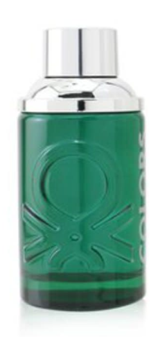 A green glass fragrance bottle with a shiny silver cap and a debossed geometric logo on the front, shown against a plain white background.