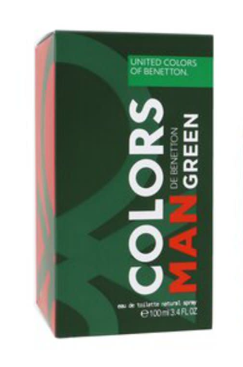 A rectangular product box for Colors Man Green by United Colors of Benetton, featuring a dark green background with large white and red text and a red side panel, shown on a plain white background.