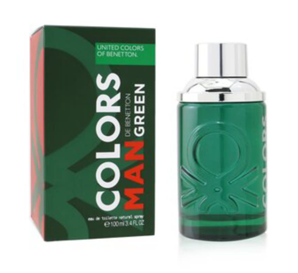 United Colors of Benetton Man Green cologne bottle with a silver cap next to its green and red packaging box.