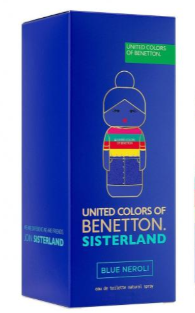Blue rectangular product box for United Colors of Benetton Sisterland Blue Neroli, featuring a stylized doll illustration with rainbow stripes and white and teal text on a white background.