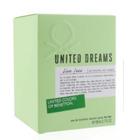 United Colors of Benetton United Dreams 'Live free' eau de toilette natural spray for her in a light green box, featuring black text and a white label.