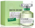 United Dreams 'Live Free' eau de toilette natural spray bottle with a silver cap next to its light green packaging box, featuring white labels with black text.