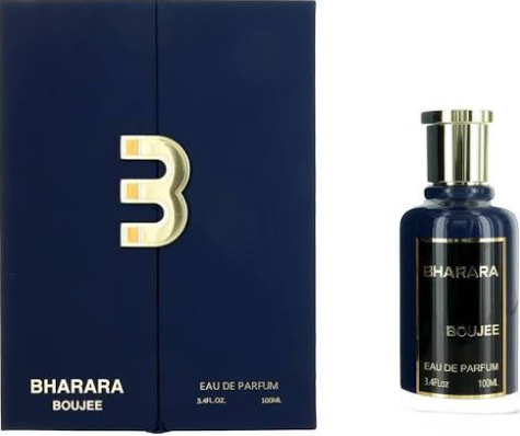 Bharara Boujee Eau de Parfum bottle next to its dark blue packaging box, featuring a large gold number '3' on the box and gold lettering on the bottle.