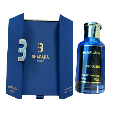Bharara Boujee Eau de Parfum 100ml bottle next to its blue cardboard packaging box, featuring gold lettering and a blue gradient design.