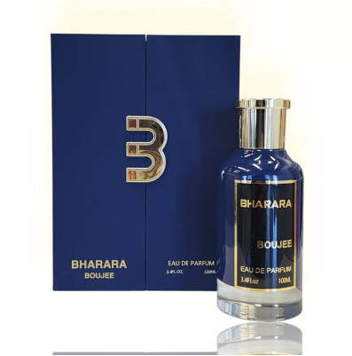 Bharara Boujee Eau de Parfum bottle and its blue packaging box, featuring a metallic gold 'B' logo and gold lettering on a white background.