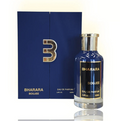 Bharara Boujee Eau de Parfum bottle and its blue packaging box, featuring a metallic gold 'B' logo and gold lettering on a white background.