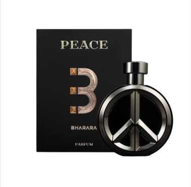Bharara Peace 3 Parfum bottle and packaging box. The bottle is black with a metallic peace sign emblem on the front.