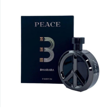 Bharara Peace Parfum bottle and packaging box. The bottle is a glossy black glass with a peace sign design, positioned next to its dark navy blue box featuring a metallic 'B' logo.