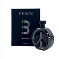Bharara Peace Parfum bottle and packaging box. The bottle is a glossy black glass cylinder with a large peace sign emblem on the front, positioned next to its dark navy blue box which features the word 'PEACE' and a stylized number 3.