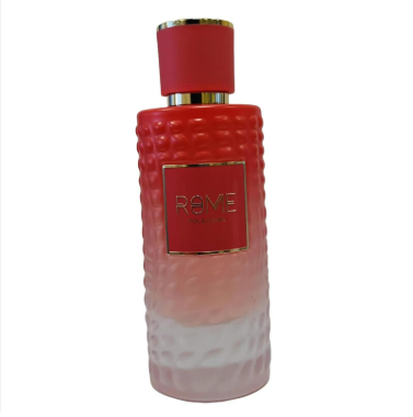 A textured gradient perfume bottle with a red top fading to a pale pink base, featuring a gold-etched label that reads 'ROME' and a gold neck ring, set against a plain white background.