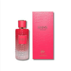 A pink gradient perfume bottle with a matching pink cap stands next to its textured pink packaging box on a white background.