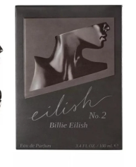Billie Elish No. 2 Eau de Parfum bottle, featuring a dark gray and black design with a stylized profile of a woman's face on the label.