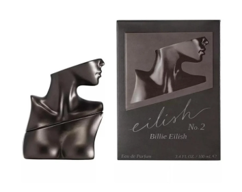 Billie Eilish 'eilish No. 2' Eau de Parfum, featuring a dark metallic sculpted bottle shaped like a stylized female torso next to its black packaging box with a matching graphic.