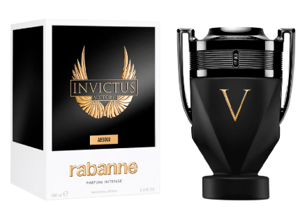Invictus Victoria Rabanne Parfum Intense 100ml bottle and its packaging box. The bottle is black with gold accents and a large gold 'V' logo, while the box is white and black with gold wing graphics and 'rabanne' in gold text.
