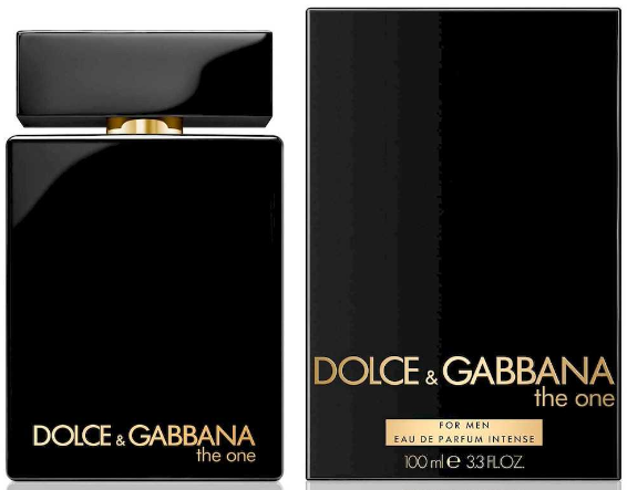 Dolce & Gabbana 'The One' Eau de Parfum Intense 100ml bottle and its black packaging box, both featuring a glossy black finish with gold lettering.