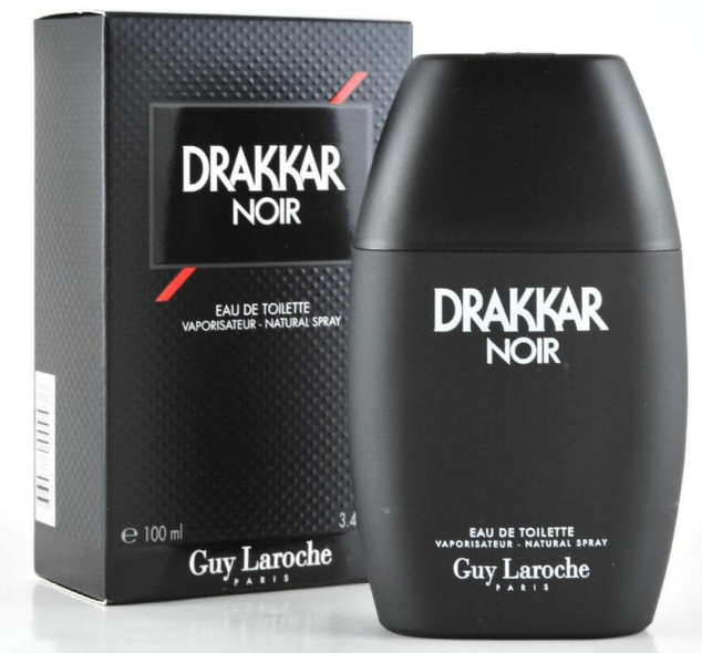 Guy Laroche Drakkar Noir Eau de Toilette bottle and its black textured packaging box, displayed on a clean white background.
