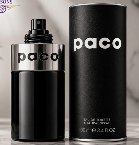 Paco Eau de Toilette natural spray bottle in black with a silver collar, shown next to its matching black cylindrical packaging box with white 'paco' branding.