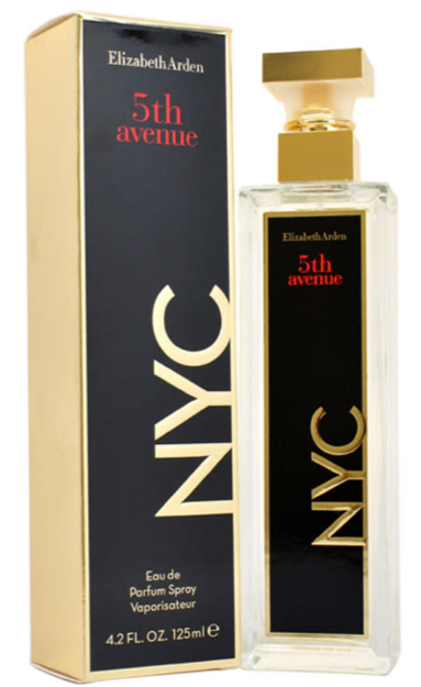 Elizabeth Arden 5th Avenue NYC perfume bottle and its black and gold packaging box, shown on a plain white background.
