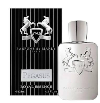Parfums de Marly Pegasus Royal Essence perfume bottle and its black and white striped packaging box, featuring a silver horse crest emblem.
