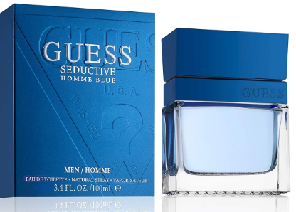 Guess Seductive Homme Blue men's fragrance shown with its blue box and clear glass bottle containing pale blue liquid, on a white background.