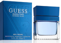 Guess Seductive Homme Blue men's fragrance shown with its blue box and clear glass bottle containing pale blue liquid, on a white background.
