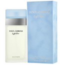 Dolce & Gabbana Light Blue Eau de Toilette bottle next to its light blue packaging box, featuring a pale blue cap, silver band, and frosted white bottle.
