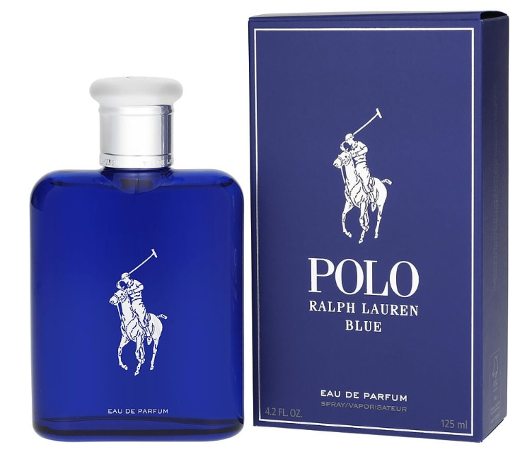 Polo Ralph Lauren Blue Eau de Parfum bottle in cobalt blue glass with a white polo player logo, shown next to its blue retail box on a white background.