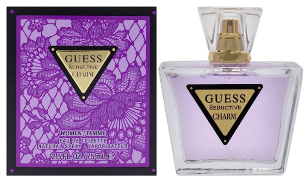 Guess Seductive Charm Women Eau de Toilette bottle and its purple patterned box, featuring a gold triangular logo on a white background.