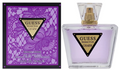 Guess Seductive Charm Women Eau de Toilette bottle and its purple patterned box, featuring a gold triangular logo on a white background.