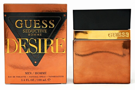 Guess Seductive Homme Desire Eau de Toilette shown with its orange metallic box and matching rectangular bottle featuring a black cap and gold band.