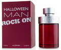 Halloween Man Rock On cologne by Halloween, featuring a dark red rectangular box with white text and a matching dark red glass bottle with a silver cap.