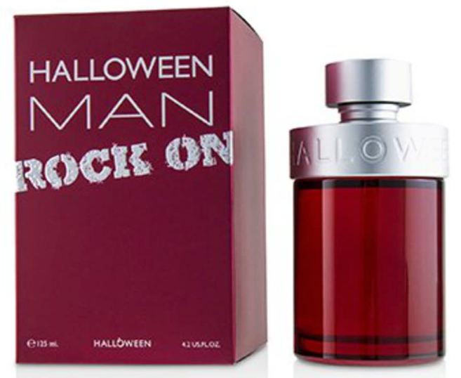 Halloween Man Rock On cologne by Halloween, featuring a dark red rectangular box with white text and a matching dark red glass bottle with a silver cap.