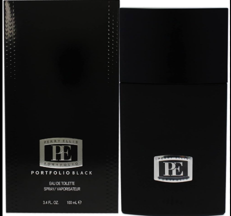 Black Perry Ellis Portfolio Black Eau de Toilette bottle next to its black textured packaging box, both featuring a silver logo plaque.