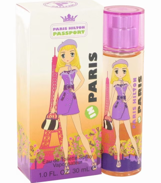 Paris Hilton Passport Eau de Toilette Spray bottle and its matching retail box, featuring a cartoon illustration of Paris Hilton in a purple dress next to the Eiffel Tower on a white background.