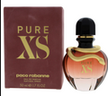 Paco Rabanne Pure XS Eau de Parfum 50ml bottle next to its dark red packaging box with gold lettering.