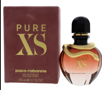 Paco Rabanne Pure XS Eau de Parfum 50ml bottle next to its dark red packaging box with gold lettering.