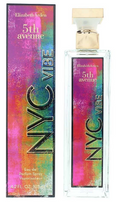 Elizabeth Arden NYC Vibe 5th Avenue Eau de Parfum bottle and matching box, featuring a vibrant multicolor gradient design with pink, purple, green, and blue tones.