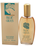 Elizabeth Arden Blue Grass Eau de Parfum 100ml bottle with its beige packaging box, featuring a gold cap and teal logo on a white background.