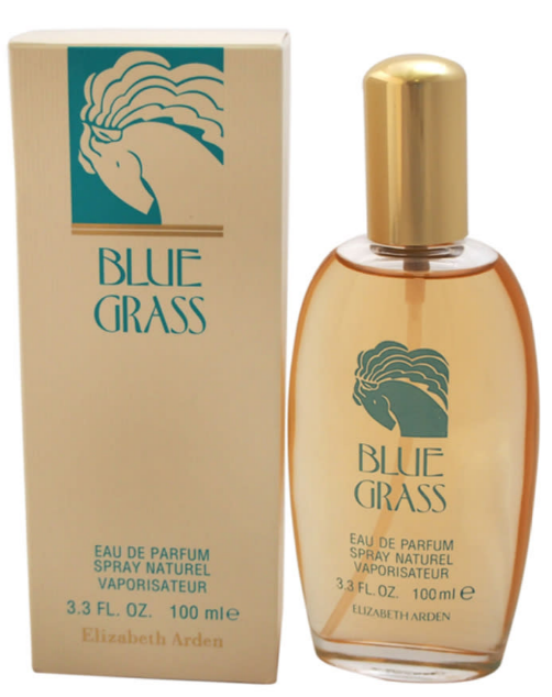 Elizabeth Arden Blue Grass Eau de Parfum 100ml bottle with its beige packaging box, featuring a gold cap and teal logo on a white background.