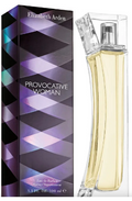 Elizabeth Arden Provocative Woman Eau de Parfum bottle and packaging box. The bottle is a clear, curved glass with pale yellow liquid, next to its dark purple and black geometric patterned box.