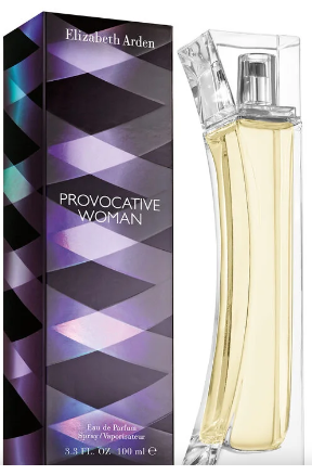 Elizabeth Arden Provocative Woman Eau de Parfum bottle and packaging box. The bottle is a clear, curved glass with pale yellow liquid, next to its dark purple and black geometric patterned box.