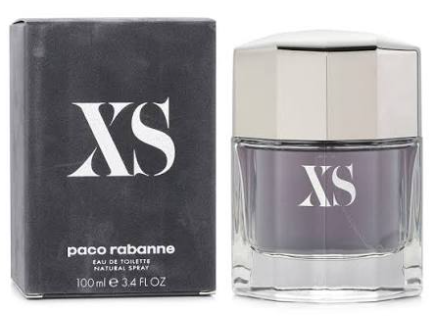 Paco Rabanne XS Eau de Toilette bottle and its black packaging box, featuring a silver-toned cap and a dark gray liquid inside.