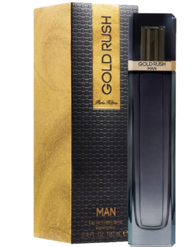 A bottle of paris hilton Gold Rush Man cologne next to its packaging box. The bottle is dark gray with a gold label and a black cap, while the box features a textured black front with a gold side panel and gold lettering.
